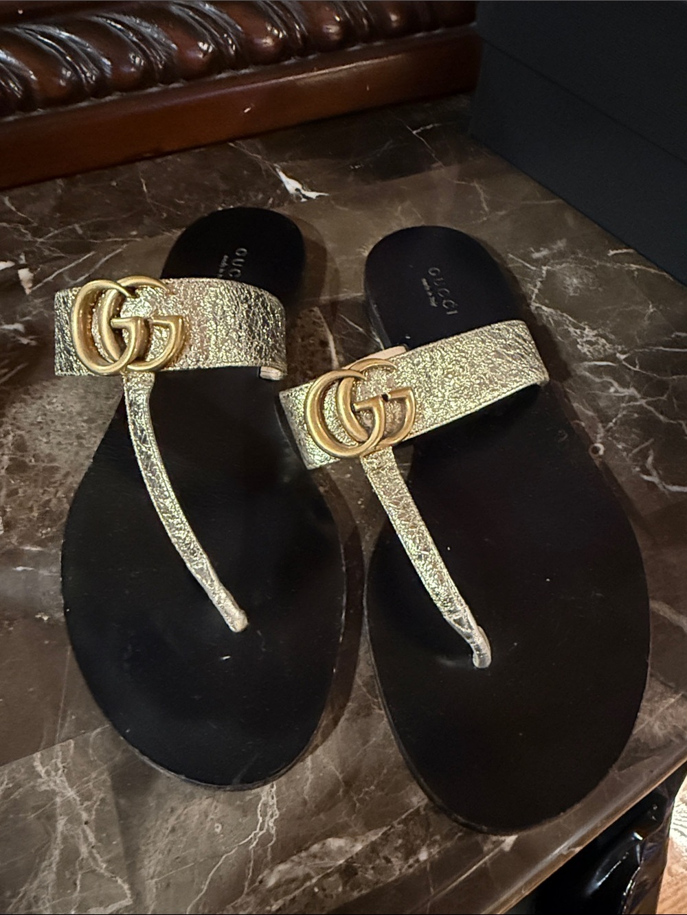 Gucci Gold Metallic Thong Sandals with Interlocking GG